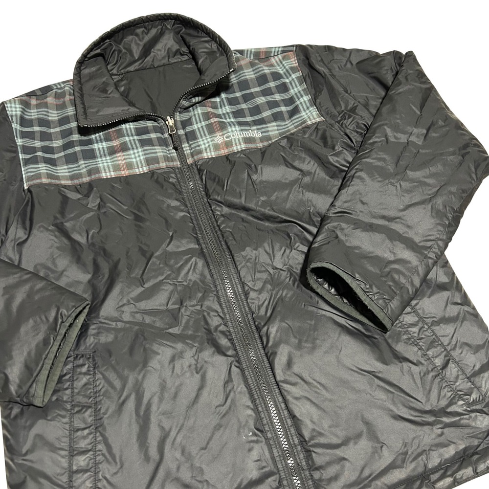 Columbia Reversible Jacket Mens Size M Black Plaid Quilted Insulated Full Zip